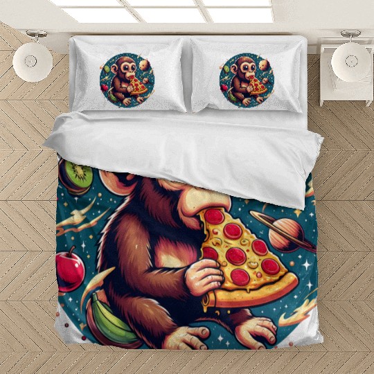 Space monkey enjoys pizza Bedding Sets