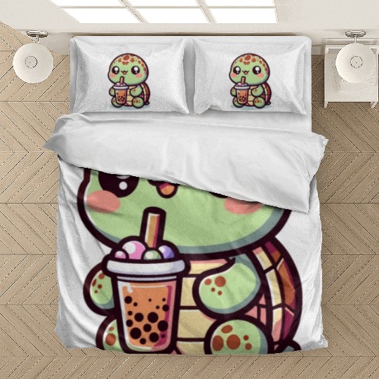 Kawaii Turtle Bubble Tea Lover Cute Sea Turtle Bedding Sets