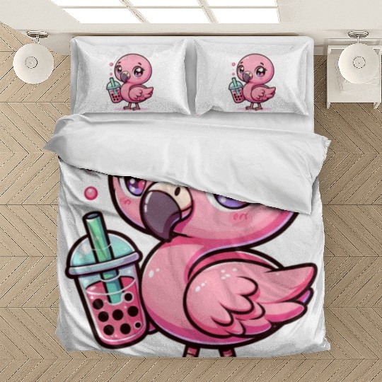 Cute Kawaii Flamingo Bubble Tea Lover Flamingo Bedding Sets