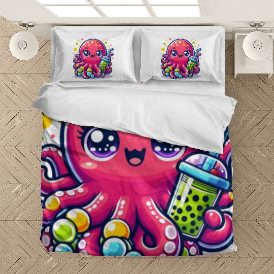 Kawaii Octopus With Bubble Tea Sea Ocean Boba Tea Bedding Sets