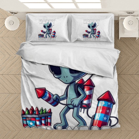 Festive alien with New Year greetings Bedding Sets
