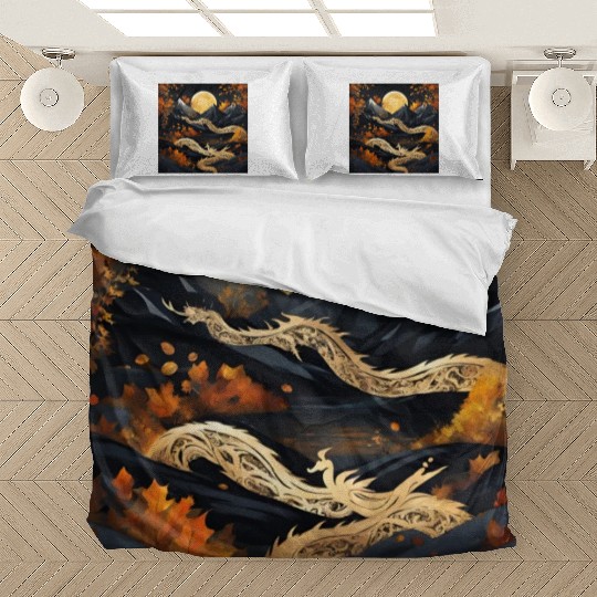 Golden dragon king on stary night Bedding Sets