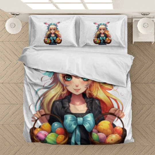 Easter Day Anime Girl Bunny Ear Easter Egg Hunt Bedding Sets