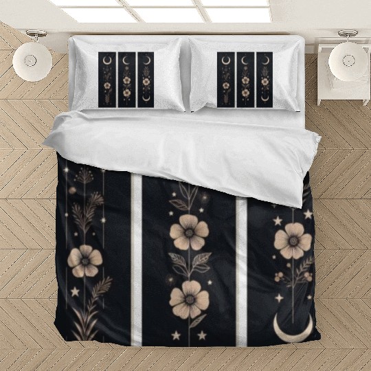 Moon phases with wild flowers and constellations Bedding Sets