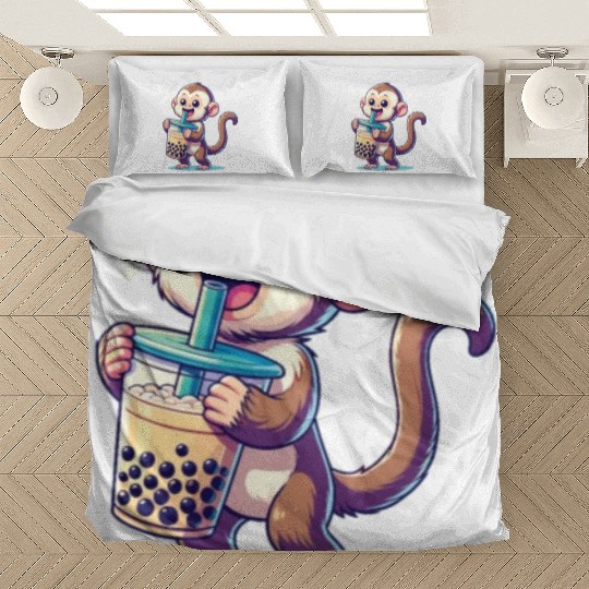 Kawaii Bubble Tea Boba Cappuccino Monkey Bedding Sets