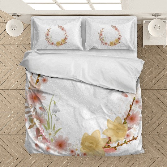 Spring floral wreath of daffodils and catkins Bedding Sets