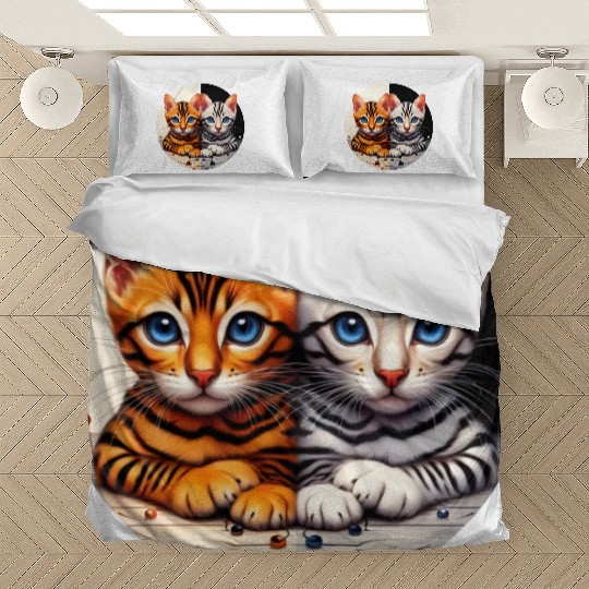 Bengal Kittens Black White Background Bedding Sets
