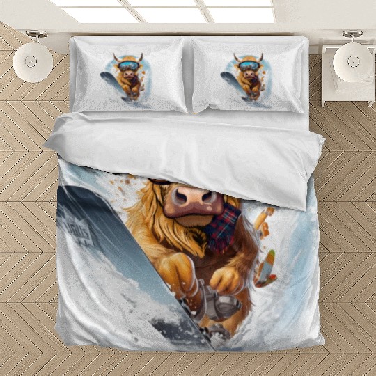 Winter sports, Highland Cow Snowboarding Bedding Sets
