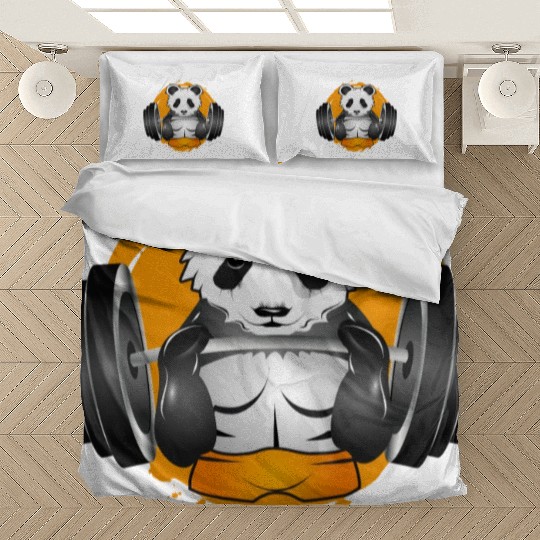 Bodybuilder panda bear with barbell in the gym Bedding Sets