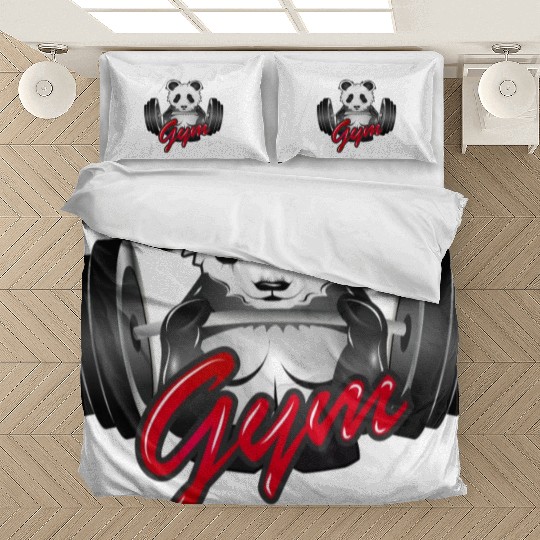 Bodybuilder panda bear with barbell in the gym Bedding Sets