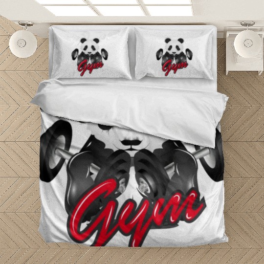 Bodybuilder panda bear with barbell in gym Bedding Sets