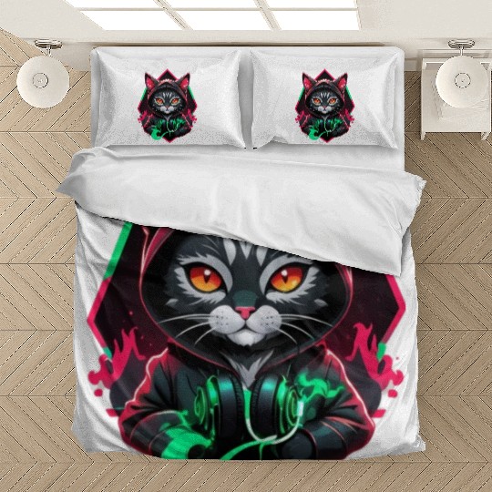 cat wearing jacket and headset Bedding Sets