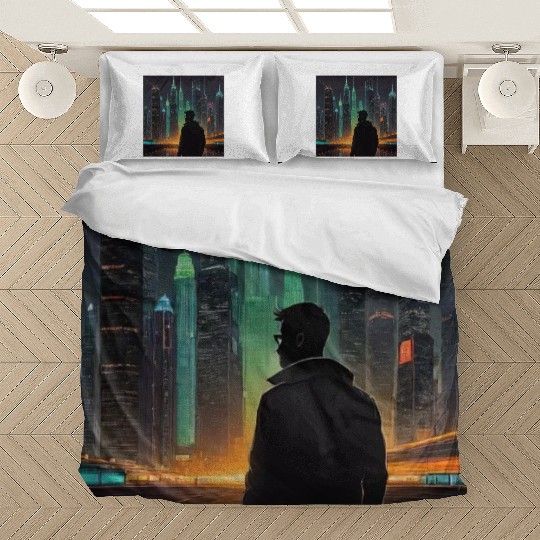 Neon Horizon: A Futuristic Cityscape Bedding Sets