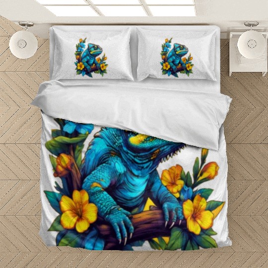 Chameleon Sitting on Branch Surrounded by Flowers Bedding Sets