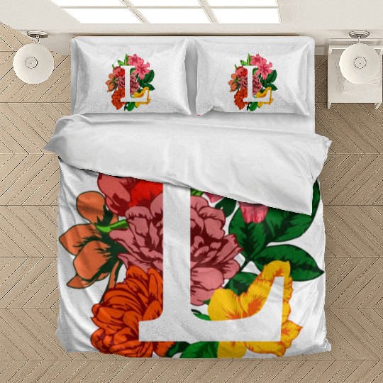 Capital letter L monogram with peony, lily flowers Bedding Sets