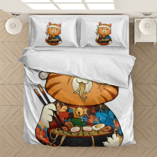 Cute anime cat eating ramen noodles Bedding Sets
