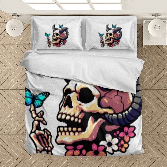 Pixel Art Horned Skull enjoy the butterflies Bedding Sets