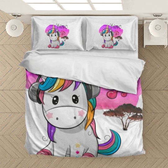Unicorn Using Headphone Listening To Music Bedding Sets