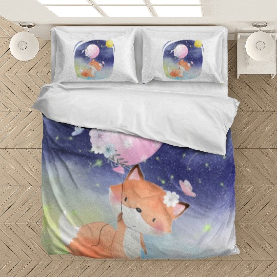 Funny Happy Fox Flying to Sky Using Balloon Bedding Sets