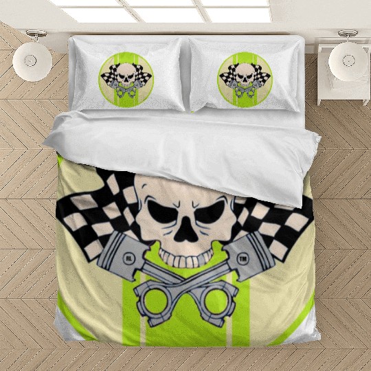 Light green racing stripe with skull and pistons Bedding Sets