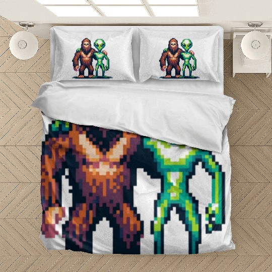 Bigfoot and Alien Friends Pixel Art Bedding Sets