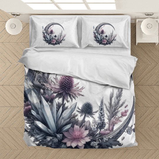 Crescent moon in silver, with crystals and flowers Bedding Sets