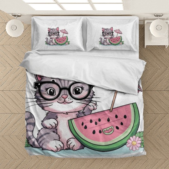cute kitten an watermelon slice vector illustratio Bedding Sets