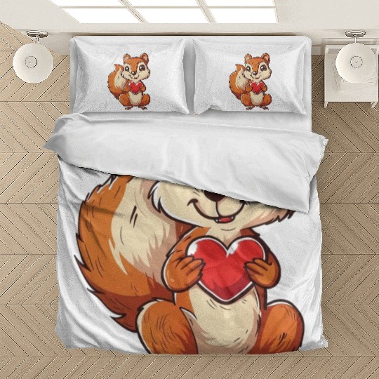 Adorable Squirrel with Red Heart Illustration Bedding Sets