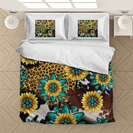Turquoise Gemstone Sunflowers Leopard Cowhide Bedding Sets