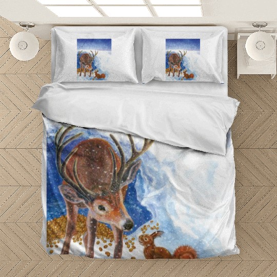 Red Deer and Squirrel in Winter Illustration Bedding Sets