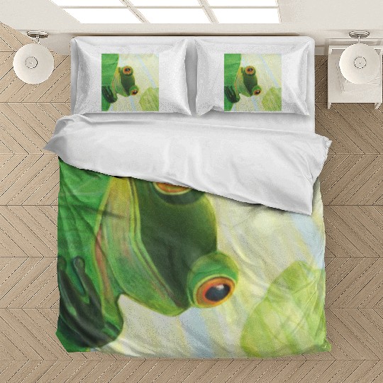 Cute Green Frog Peeping out From Behind Lily Pad Bedding Sets