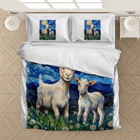 Goats Farm Animals Farmer Starry Night Painting Bedding Sets