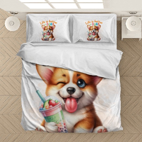 Corgi with BOBA tea Milk TEA Bubble tea Bedding Sets
