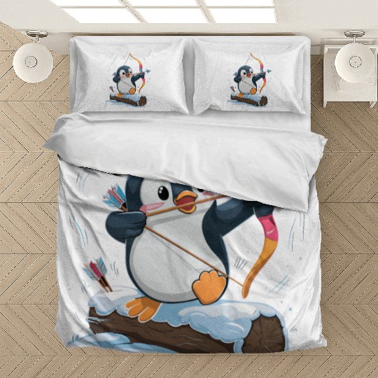 Penguin Archer Aiming in Winter Snow Scene Bedding Sets