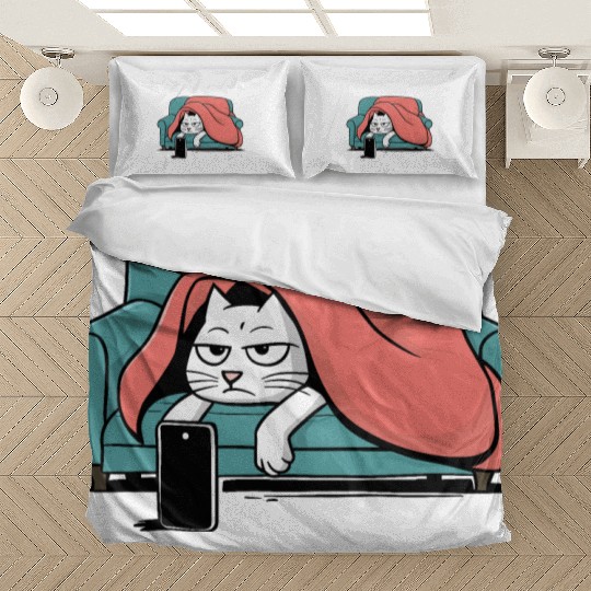 Bored Cat on Couch With Smart Phone Bedding Sets