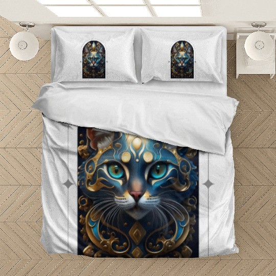 Elegant stylish blue and gold cat face Bedding Sets