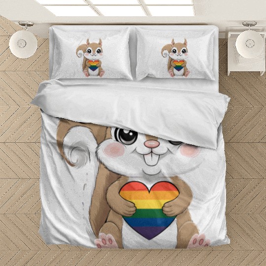 Cute Squirrel Holding Rainbow Heart LGTBQ Love Bedding Sets