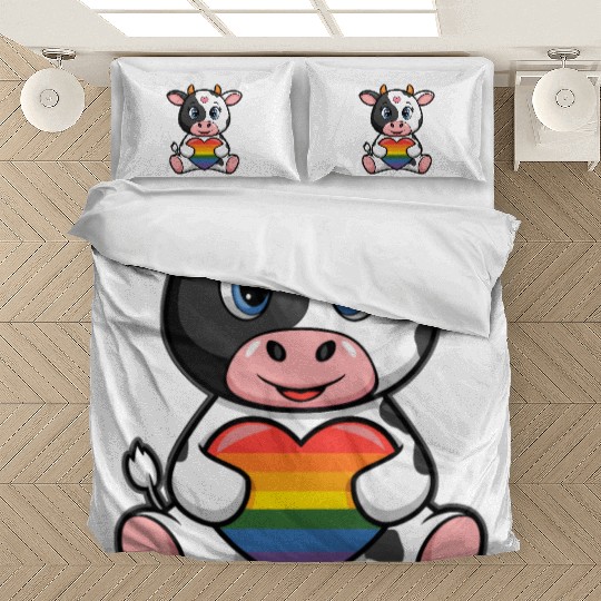 LGTBQ Cow Holding Rainbow Heart Bedding Sets