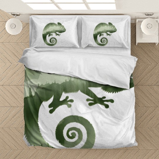 green chameleon monochrome silhouette Bedding Sets