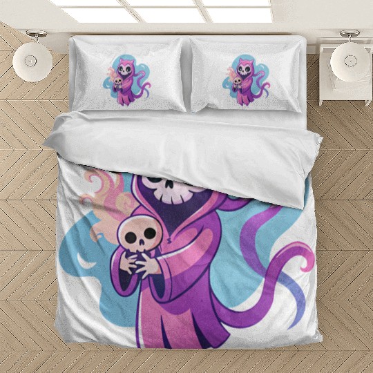 skeletal figure, violet pink robe, lavender puppy Bedding Sets
