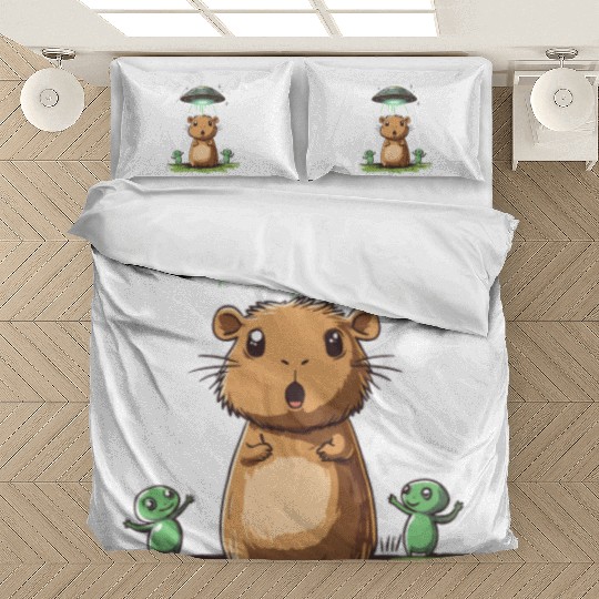 Funny Graphic Bedding Sets Capybara Selfie With Ufos Weird