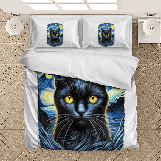 Funny Starry Night Black Cat Van Gogh Art Cat Bedding Sets