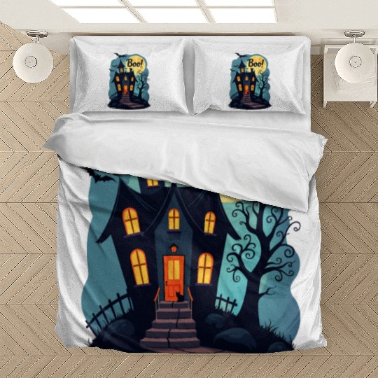 spooky haunted house with a black cat sitting Bedding Sets