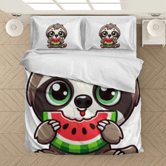Sloth with watermelon cartoon summer vibes Bedding Sets
