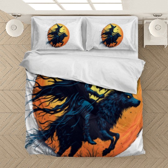 Halloween Witch Riding a Wolf Under Full Moon Bedding Sets