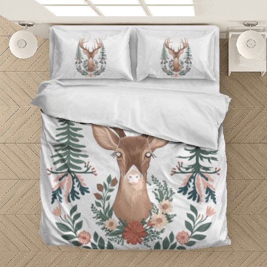 Cottagecore Deer with Floral Wreath and Evergreen Bedding Sets