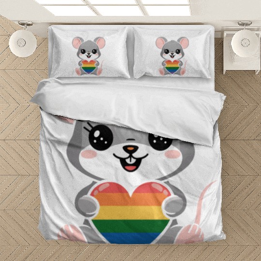 LGTBQ Cute Mouse Holding Rainbow Heart Bedding Sets