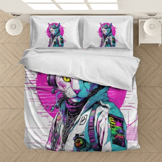 Neon Cyberpunk Warrior Cat Bedding Sets