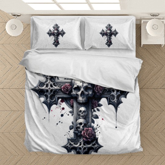 Gothic Cross Collection - Skulls and Red Roses Bedding Sets
