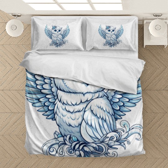 Cute snowy owl blue eyes angel wings cartoon Bedding Sets